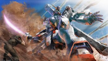 1boy absurdres battle copyright_notice covering_head crossbone_gundam crossbone_gundam_x-1 crossbone_vanguard damaged debris dirty dust_cloud energy_sword gloves glowing glowing_eyes green_eyes gundam gundam_battle_operation_2 helmet highres jolly_roger machinery mecha military_uniform mobile_suit official_art painting_(medium) realistic robot scan science_fiction smoke soldier sunrise_(company) sword tenjin_hidetaka traditional_media v-fin weapon