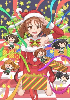 5girls akiyama_yukari alternate_costume artillery_shell bell black_hair black_shoes boots box brown_eyes brown_hair chibi christmas christmas_ornaments christmas_tree commentary_request dress elbow_gloves gift gift_box girls_und_panzer gloves green_skirt hairband happy hat highres isuzu_hana long_hair looking_at_viewer multiple_girls neck_bell nishizumi_miho one_eye_closed ooarai_school_uniform open_mouth qgkmn541 red_boots red_dress red_gloves reizei_mako sailor_collar santa_costume santa_dress santa_hat school_uniform shirt shoes short_hair skirt smile takebe_saori teeth upper_teeth_only white_shirt
