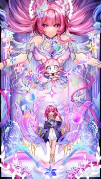 a_tong_l absurdres bare_shoulders blue_eyes blue_hair book breasts chinese_commentary coat commentary_request cyrene_(aedes_elysiae)_(honkai:_star_rail) cyrene_(honkai:_star_rail) cyrene_(ripples_of_past_reverie)_(honkai:_star_rail) diamond-shaped_pupils diamond_(shape) dress dual_persona flower hair_flower hair_ornament halo highres holding holding_book holding_quill honkai:_star_rail honkai_(series) large_breasts long_hair mem_(honkai:_star_rail) miyoushe_watermark multicolored_hair pink_hair purple_coat purple_eyes quill short_hair smile star-shaped_pupils star_(symbol) symbol-shaped_pupils two-tone_hair very_long_hair watermark white_dress white_hair