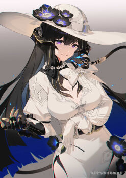 1girl absurdres au_ra black_hair blue_hair breasts chinese_commentary cleavage colored_inner_hair commentary_request cowboy_shot demon_horns demon_tail dress flower gloves hat hat_flower highres honkai:_star_rail honkai_(series) horns large_breasts long_hair long_sleeves looking_at_viewer mengde_zhayu_zhenjun miyoushe_watermark mole mole_under_eye multicolored_hair puffy_sleeves purple_eyes smile solo sun_hat tail the_dahlia_(honkai:_star_rail) watermark white_dress white_gloves