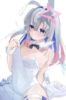 Rule 34 | 1girl, amane kanata, angel, angel wings, animal ear hairband, animal ears, black bow, black bowtie, bow, bowtie, breasts, closed mouth, colored inner hair, cowboy shot, detached collar, double-parted bangs, edge ill, fake animal ears, feathered wings, feathers, grey hair, hair between eyes, hairband, halo, hashtag-only commentary, highres, hololive, leotard, leotard lift, long hair, looking at viewer, multicolored hair, petite, pink streaks, playboy bunny, purple eyes, rabbit ear hairband, rabbit ears, simple background, small breasts, solo, star halo, strapless, strapless leotard, streaked hair, virtual youtuber, white background, white leotard, white wrist cuffs, wings, wrist cuffs