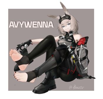 1girl absurdres animal_ears arknights arknights:_endfield avywenna_(arknights) bare_shoulders black_gloves black_hairband black_nails black_pants blue_eyes boots cameltoe chinese_commentary commentary_request crossed_bangs detached_sleeves gloves grey_hair grey_shirt hair_between_eyes hairband highres holding holding_boots holding_footwear holding_unworn_clothes looking_at_viewer nail_polish pants panzi_panzer parted_lips rabbit_ears rabbit_girl shirt short_hair single_bare_arm single_detached_sleeve smile solo stirrup_footwear toenail_polish toenails unworn_boots