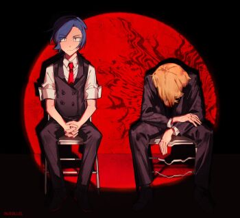 2boys artist_name between_legs black_jacket black_pants black_vest blonde_hair blue_hair buttons cass_(par0llel) chair closed_mouth collared_shirt commentary double-breasted elliot_(par0llel) full_body hand_between_legs hand_on_own_arm highres hunched_over interlocked_fingers jacket layered_sleeves long_sleeves looking_at_viewer male_focus multiple_boys necktie on_chair original own_hands_clasped own_hands_together pants par0llel red_background red_eyes red_necktie shirt short_hair short_sleeves simple_background sitting straight-on vest white_shirt