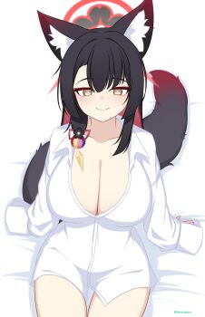 Rule 34 | 1girl, absurdres, animal ears, black flower, black hair, black halo, blue archive, blush, breasts, cleavage, commentary request, eyeshadow, flower, fox ears, fox girl, fox tail, gradient tail, hair between eyes, hair flower, hair ornament, halo, highres, large breasts, long hair, makeup, multicolored hair, multicolored halo, no bra, no pants, oversized clothes, oversized shirt, red eyeshadow, red hair, red halo, shirt, siranui desu, sitting, smile, solo, tail, two-tone hair, two-tone halo, very long hair, wakamo (blue archive), white shirt, yellow eyes