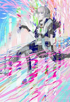 1girl abstract_background absurdres blue_eyes boots double_bun dress fingerless_gloves full_body gloves hair_bun hashtag-only_commentary highres hood hood_down hooded_jacket jacket kaf_(kamitsubaki_studio) kamitsubaki_studio multicolored_jacket open_clothes open_jacket partially_colored short_hair sidelocks solo virtual_youtuber ye_yuan_yao yellow_pupils