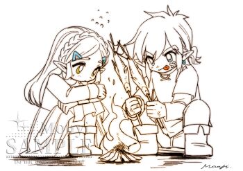 1boy 1girl artist_name bandaid bandaid_on_cheek bandaid_on_face blue_eyes boots braid campfire commentary_request cooking crossed_bandaids crown_braid dress earrings fish_skewer flying_sweatdrops full_body green_eyes hair_between_eyes hair_ornament hairclip highres holding holding_skewer hugging_own_legs jewelry light_blush link long_dress long_hair low_ponytail medium_hair mouyi nintendo pants parted_bangs pointy_ears ponytail princess_zelda sample_watermark shirt sidelocks sitting sketch skewer squatting sweatdrop the_legend_of_zelda the_legend_of_zelda:_breath_of_the_wild tongue tongue_out tunic watermark white_background