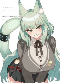 1girl :d absurdres animal_ear_fluff animal_ears arknights black_cardigan black_skirt blush breasts buttons cardigan commentary fan_request green_eyes green_hair green_tail grey_shirt grin harmonie_(arknights) highres infection_monitor_(arknights) large_breasts leaning_forward long_hair long_sleeves looking_at_viewer midori10 miniskirt open_mouth partially_translated pleated_skirt request_inset shirt simple_background skirt smile solo tail tail_raised translation_request white_background