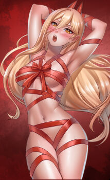 1girl 2022 arms_behind_head blonde_hair blush breasts chainsaw_man demon_girl highres horns long_hair medium_breasts naked_ribbon open_mouth pixiv pixiv_id power_(chainsaw_man) racoon_(artist) red_background ribbon sharp_teeth teeth textured_background tied yellow_eyes