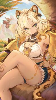 Rule 34 | 2girls, absurdres, animal ear fluff, animal ears, bare shoulders, biker clothes, bikesuit, blonde hair, bodysuit, breasts, cleavage, commentary request, crossed legs, dark skin, genshin impact, gold nails, green eyes, hair between eyes, highres, jaguar ears, jaguar girl, jaguar tail, jewelry, large breasts, leopard ears, leopard tail, long hair, looking at viewer, mavuika (genshin impact), motor vehicle, motorcycle, multiple girls, on motorcycle, open mouth, outdoors, red hair, short shorts, shorts, sitting, tail, thick thighs, thighs, touji (tozi526), xilonen (genshin impact)
