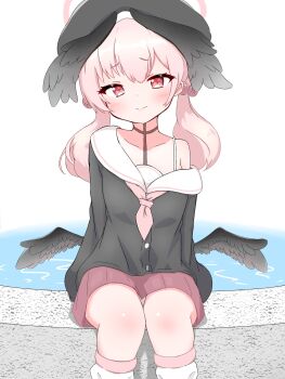 1girl bare_shoulders black_wings blue_archive blush closed_mouth dress feathered_wings feathers hair_between_eyes hat head_wings highres hirune_shitai4 kneehighs koharu_(blue_archive) long_hair long_sleeves looking_at_viewer pink_hair sailor_collar sitting socks solo twintails white_wings wings