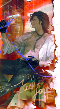 1boy 1other abs absurdres alternate_costume belt belt_buckle black_gloves black_hair black_necktie black_pants blue_eyes blue_ribbon buckle character_name closed_mouth commentary crisis_core:_final_fantasy_vii cross_scar dated earrings facial_scar feet_out_of_frame final_fantasy final_fantasy_vii gloves highres holding_another&#039;s_wrist jewelry male_focus necktie open_clothes open_shirt pants pectorals ppiinnee24 ribbon scar scar_on_cheek scar_on_face shirt signature sitting smile solo_focus spiked_hair white_shirt zack_fair