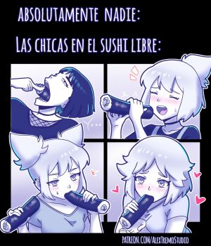 4girls blush breasts choker commentary_request cross cross_earrings earrings eating fellatio fishnets food heart heart-shaped_pupils highres holding holding_food jewelry kpop_demon_hunters makizushi medium_breasts mimundoalex multiple_girls oral original parody ponytail simulated_fellatio spanish_commentary spanish_text sushi sweatdrop symbol-shaped_pupils translation_request twintails watermark web_address