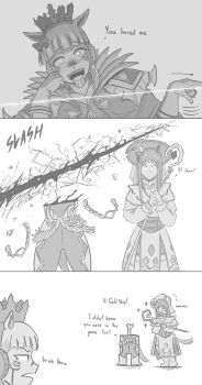 among_us animal_ears beret blood blunt_bangs bone bow cape commentary cosplay crown dress ear_bow ear_covers ear_ornament ear_ribbon el_condor_pasa_(kukulkan_warrior)_(umamusume) el_condor_pasa_(umamusume) english_commentary english_text exposed_bone extra_eyes facial_tattoo gloves gold_ship_(that_time_i_became_the_strongest)_(umamusume) gold_ship_(umamusume) grass_wonder_(saintly_jade_cleric)_(umamusume) grass_wonder_(umamusume) greyscale hat highres holding holding_staff horse_ears horse_girl horse_tail johnholl0w jujutsu_kaisen long_hair long_sleeves mage_staff monochrome multicolored_hair multiple_girls official_alternate_costume ryoumen_sukuna_(jujutsu_kaisen) ryoumen_sukuna_(jujutsu_kaisen)_(cosplay) severed_torso single_ear_cover staff tail tattoo umamusume