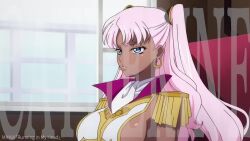 1girl animated anime_screenshot arm_under_breasts armor blue_eyes bouncing_breasts breasts catherine_sabathra cellphone code_geass code_geass:_dakkan_no_roze covered_navel crop_top crossed_legs dark-skinned_female dark_skin earrings fingernails haruyanagininomiya_sakura high_heels highleg highleg_leotard highres hoop_earrings jewelry large_breasts leotard lips long_hair mecha midriff navel one_eye_closed pauldrons phone pink_hair revealing_clothes robot selfie shoulder_armor sideboob skirt smug stomach tagme thighhighs thighs twintails vehicle_interior very_long_hair video white_hair white_leotard white_thighhighs