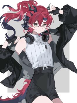 1boy alternate_costume arknights belt black_belt black_gloves black_jacket black_shorts chinese_commentary closed_mouth commentary_request cowboy_shot dragon_boy dragon_horns dragon_tail eastern_dragon_horns eastern_dragon_tail ecppppr fingerless_gloves forked_eyebrows gloves grey_background hair_between_eyes hair_intakes hands_up headphones headphones_around_neck highres horns jacket jewelry long_hair long_sleeves looking_at_viewer male_focus multicolored_hair necklace open_clothes open_jacket pointy_ears ponytail red_hair shirt shorts solo tail turtleneck turtleneck_shirt white_shirt yu_(arknights)