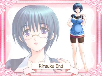 apron black_shirt black_shorts blazer blue_hair breasts cleavage full_body game_cg good_end izawa_ritsuko jacket jewelry kuroda_akimi large_breasts necklace non-web_source official_art pixie_cut pregnant purple_eyes ring semi-rimless_eyewear shirt short_hair shorts teacher tsuma_shibori tsumamigui_(series) wedding_ring