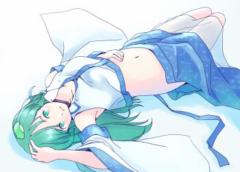 1girl :d blue_skirt collarbone collared_shirt commentary_request detached_sleeves frog_hair_ornament green_eyes green_hair hair_ornament hand_in_own_hair hand_on_own_hip knees_up kochiya_sanae light_blush looking_at_viewer lying navel on_back open_mouth rangycrow see-through_clothes see-through_skirt shadow shirt skirt smile snake_hair_ornament solo stomach touhou white_background white_shirt