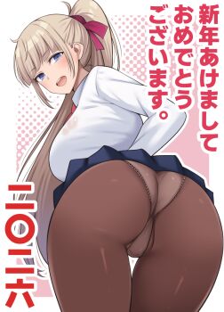 1girl ass breasts gabao_(mattari_2019) happy_new_year large_breasts long_hair new_year panties underwear