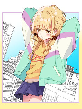 Rule 34 | 1girl, absurdres, arms up, black ribbon, black skirt, blonde hair, braid, building, city, fujita kotone, gakuen idolmaster, giant, giantess, hair ribbon, highres, idolmaster, jacket, long hair, long sleeves, low twin braids, multicolored jacket, open clothes, open jacket, outstretched arms, pleated skirt, print shirt, ribbon, shirt, skirt, solo, toxic pter, twin braids, wavy sidelocks, yellow eyes, yellow shirt
