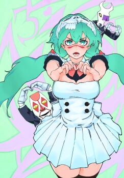 Rule 34 | 1girl, 2boys, absurdres, apron, arrancar, black thighhighs, bleach, breasts, dakaeya, dondochakka birstanne, espada, facial mark, formal clothes, gloves, green eyes, green hair, heart, heart hands, highres, large breasts, legs together, light blush, long hair, looking at viewer, maid apron, mask, mask on head, multiple boys, nelliel tu odelschwanck, open mouth, pesche guatiche, scar, scar on face, skull on head, standing, suit, teeth, thighhighs, thighs