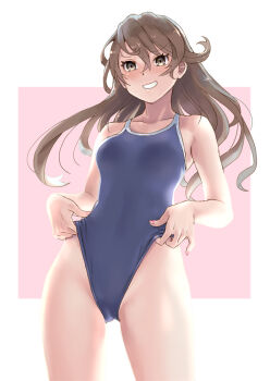 1girl blue_one-piece_swimsuit breasts brown_eyes brown_hair clothes_pull commentary competition_school_swimsuit cowboy_shot grin hair_flaps highleg highleg_one-piece_swimsuit katahira_masashi long_hair one-piece_swimsuit one-piece_swimsuit_pull original pink_background school_swimsuit small_breasts smile solo square swimsuit symbol-only_commentary two-tone_background white_background
