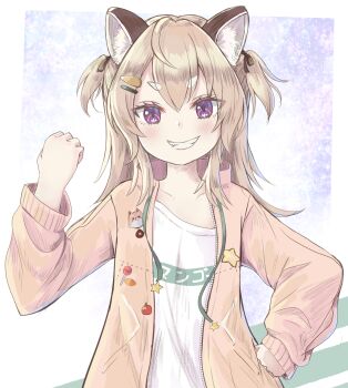 1girl animal_ear_fluff animal_ears blush brown_hair brown_jacket clenched_hand clothes_writing collarbone commentary drawstring grin hair_between_eyes hair_ornament hairclip hand_on_own_hip hand_up highres hikari_niji jacket komachi_panko long_hair long_sleeves looking_at_viewer open_clothes open_jacket phase_connect puffy_long_sleeves puffy_sleeves purple_eyes shirt short_eyebrows sleeves_past_wrists smile solo star_(symbol) thick_eyebrows two_side_up v-shaped_eyebrows virtual_youtuber white_shirt