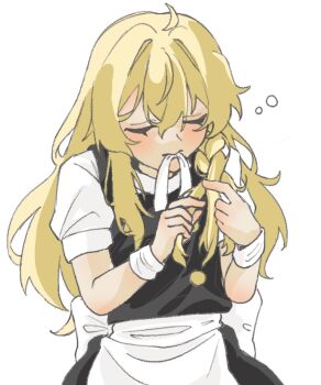 1girl apron black_skirt black_vest blonde_hair blush bow braiding_hair closed_eyes commentary_request hair_bow hairdressing highres kirisame_marisa mouth_hold no_headwear puffy_short_sleeves puffy_sleeves ribbon ribbon_in_mouth sakatuki_07 short_sleeves simple_background skirt solo touhou vest waist_apron white_apron white_background
