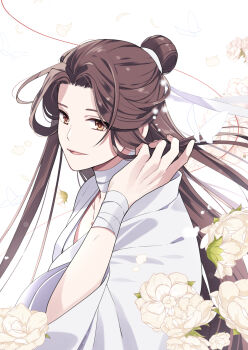Rule 34 | 1boy, bandaged neck, bandaged wrist, bandages, bishounen, brown eyes, brown hair, bug, butterfly, butterfly on hand, chinese clothes, falling petals, fduki maro, flower, hair bun, hair ribbon, half updo, hand up, hanfu, highres, implied yaoi, insect, leaf, long hair, long sleeves, looking at viewer, male focus, open mouth, parted bangs, parted lips, petals, ribbon, robe, simple background, single hair bun, smile, solo, string, string of fate, tianguan cifu, upper body, very long hair, white background, white butterfly, white flower, white hanfu, white ribbon, wide sleeves, xie lian