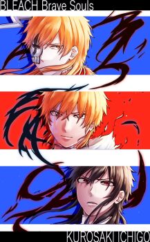 Rule 34 | 1046sstep btoh, 3boys, black hair, bleach, bleach: brave souls, character name, commentary request, copyright name, highres, hollow ichigo, horns, kurosaki ichigo, male focus, mask, multiple boys, multiple persona, orange eyes, orange hair, quincy (bleach), red eyes, single horn