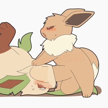 0kazu10001 1boy 1other animal_ears animated animated_gif artist_name blush brown_fur cheek_bulge deepthroat eevee fellatio gen_1_pokemon gen_4_pokemon humping interspecies irrumatio large_penis large_testicles leafeon lying nintendo no_humans on_back open_mouth oral penis pokemon pokemon_(creature) pokemon_focus simple_background size_difference sweat tail testicles throat_bulge two-tone_fur ugoira uncensored watermark white_background