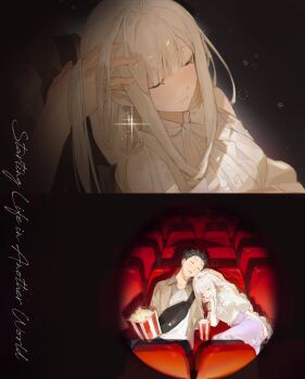 1boy 1girl absurdres alternate_universe bag black_hair closed_eyes commentary_request cup disposable_cup drink drinking_straw drooling elbow_rest emilia_(re:zero) english_text food hand_in_another's_hair hand_on_another's_head head_rest highres kh_sohot leaning_on_person mouth_drool movie_theater natsuki_subaru parted_lips pointy_ears popcorn re:zero_kara_hajimeru_isekai_seikatsu shoulder_bag sitting sleeping sleeping_upright split_screen spotlight squeans theater_seating white_hair