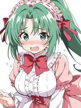 1girl blush bow bowtie breasts center_frills dress flying_sweatdrops frilled_hairband frilled_sleeves frills green_eyes green_hair hair_bow hairband highres higurashi_no_naku_koro_ni large_breasts layered_sleeves long_hair long_sleeves niyane nose_blush open_mouth parted_bangs pink_dress ponytail red_bow red_bowtie ribbon-trimmed_hairband short_over_long_sleeves short_sleeves sidelocks simple_background solo sonozaki_mion sweatdrop upper_body white_background white_hairband