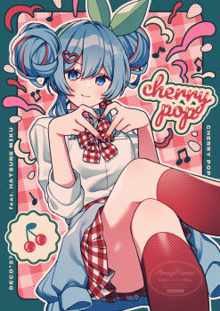 Rule 34 | 1girl, alternate costume, alternate hairstyle, amagi hana, blue eyes, blue hair, blue jacket, border, bow, bowtie, cherry, cherry earrings, cherry pop (vocaloid), clothes around waist, commentary request, double bun, earrings, english text, feet out of frame, food, food-themed earrings, food themed earrings, four-finger heart hands, fruit, green border, hair bun, hatsune miku, heart, heart hands, highres, jacket, jacket around waist, jewelry, kneehighs, looking at viewer, multicolored hair, musical note, nail polish, outline, plaid background, plaid bow, plaid bowtie, plaid clothes, plaid skirt, red background, red bow, red bowtie, red hair, red nails, red skirt, red socks, shirt, single earring, skirt, smile, socks, solo, streaked hair, thighs, three-quarter sleeves, vocaloid, watermark, white shirt
