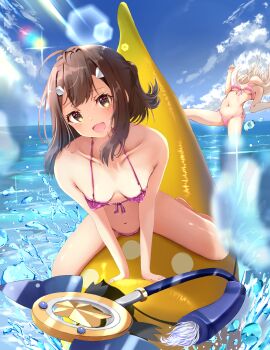 2girls banana_boat bikini blush breasts brown_eyes brown_hair collarbone commentary_request covered_erect_nipples day falling fate/kaleid_liner_prisma_illya fate_(series) feet_out_of_frame foreshortening front-tie_bikini_top front-tie_top halterneck highres horizon illyasviel_von_einzbern inflatable_toy lens_flare looking_at_viewer magical_sapphire medium_hair micro_bikini miyu_edelfelt multiple_girls navel ocean on_banana open_mouth pikuru pink_bikini purple_bikini riding sky small_breasts smile splashing straddling strapless strapless_bikini string_bikini swimsuit thighs underboob water water_drop white_hair