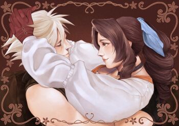 1boy 1girl aerith_gainsborough aerith_gainsborough_(garnet's_gown) bare_shoulders black_choker black_vest blonde_hair blue_ribbon braid braided_ponytail brown_background brown_hair choker closed_eyes cloud_strife cloud_strife_(zidane's_outfit) cosplay couple dress final_fantasy final_fantasy_vii final_fantasy_vii:_ever_crisis garnet_til_alexandros_xvii garnet_til_alexandros_xvii_(cosplay) gloves hair_between_eyes hair_ribbon hetero highres long_hair long_sleeves looking_at_another official_alternate_costume orange_dress own_hands_together parted_bangs puffy_long_sleeves puffy_sleeves red_gloves ribbon riddler_head shirt short_hair sidelocks single_braid smile upper_body vest white_shirt zidane_tribal zidane_tribal_(cosplay)