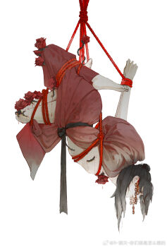 1boy arms_behind_back barefoot bdsm black_eyes black_hair bleeding blood blood_on_chest blood_on_leg bondage bound bound_legs bound_wrists chinese_clothes coin coin_mask dao_gui_yi_xian flower from_side full_body hair_bun half_updo hanfu hanging highres holed_coin li_huowang male_focus mask mouth_veil open_clothes open_robe partially_undressed profile r-jiutian red_flower red_hanfu red_rope red_rose restrained robe rope rose sash shibari simple_background single_hair_bun solo suspension thorns updo upside-down veil watermark weibo_watermark white_background