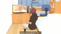 1boy animated black_shirt blush controller bad_tag game_console game_controller have_to_pee highres male_focus oda1ga orange_eyes orange_hair pee peeing peeing_self playing_games shirt shota solo sound tagme video yaoi