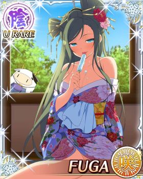 1girl blue_eyes blue_kimono border breasts card_(medium) character_name cleavage cow datehyogo english_text floral_print floral_print_kimono flower food fuga_(senran_kagura) game_cg green_hair hair_flower hair_ornament holding holding_food holding_popsicle indoors japanese_clothes kanzashi kimono large_breasts licking long_hair looking_at_viewer low_neckline melting melting_popsicle mole mole_under_eye official_alternate_costume official_alternate_hairstyle official_art outdoors pink_flower popsicle print_kimono red_flower senran_kagura senran_kagura_new_wave sitting solo tongue tongue_out ushiwakamaru_(senran_kagura)