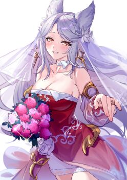 Rule 34 | 1girl, aki663, animal ears, bouquet, braid, breasts, collarbone, detached sleeves, dress, erune, flower, fraux, fraux (formal) (granblue fantasy), granblue fantasy, hair flower, hair ornament, highres, holding, holding bouquet, large breasts, long hair, looking at viewer, simple background, smile, solo, tearing up, teeth, white background, white hair, yellow eyes