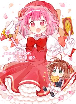 2girls :d animal animal_hug antenna_hair arm_behind_back arm_bow beret between_fingers black_shirt black_shoes blush_stickers bow brown_hair c: card card_between_fingers cardcaptor_sakura center-flap_bangs chibi chibi_inset child chinese_commentary chinese_text closed_mouth clow_card cohana commentary commission cosplay cowboy_shot crossover dot_nose dress english_text falling_petals flower_symbol frilled_dress frilled_gloves frilled_sleeves frills fuuin_no_tsue glove_bow gloves green_eyes hair_intakes hand_up hat highres holding holding_card holding_wand kero_(cardcaptor_sakura) kinomoto_sakura kinomoto_sakura_(cosplay) large_bow long_sleeves looking_ahead looking_at_viewer magical_girl multiple_girls no_nose notice_lines ootori_emu open_mouth pearl_hair_ornament petals petticoat pink_eyes pink_hair pink_petals pleated_skirt project_sekai puffy_short_sleeves puffy_sleeves red_bow red_dress red_hat red_ribbon ribbon sailor_collar school_uniform shirt shoes short_hair short_sleeves skirt smile socks swept_bangs tomoeda_elementary_school_uniform translation_request twitter_username two_side_up wand white_background white_bow white_gloves white_sailor_collar white_shirt white_skirt white_socks winged_wand