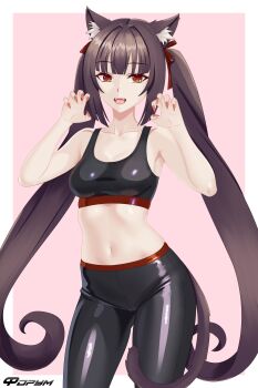 Rule 34 | 1girl, :d, absurdres, alternate costume, animal ears, black pants, black sports bra, blunt bangs, border, breasts, brown eyes, brown hair, cat ears, cat girl, cat tail, chocola (nekopara), collarbone, commentary request, cowboy shot, curly hair, eyelashes, f0rum7v, fangs, fingernails, hair intakes, hair ribbon, hands up, highres, long fingernails, long hair, looking at viewer, medium breasts, nail polish, navel, nekopara, open mouth, outside border, pants, pink background, pink nails, red ribbon, ribbon, sharp fingernails, sidelocks, simple background, slit pupils, smile, solo, sports bra, stomach, tail, teeth, tsurime, twintails, upper teeth only, very long hair, white border, yoga pants