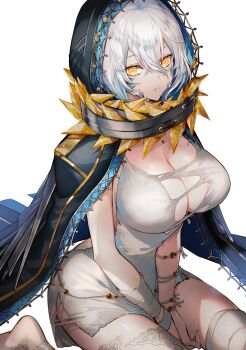 1girl absurdres breasts cleavage code_vein dress hair_between_eyes highres io_(code_vein) large_breasts looking_at_viewer short_hair silver_hair solo tarutaru_yamaoka torn_clothes yellow_eyes