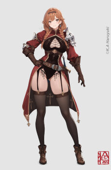 armor artist_name black_garter_straps black_leotard black_thighhighs boots braid breasts brown_boots brown_eyes brown_gloves brown_hair cleavage cleavage_cutout clothing_cutout coat earrings elbow_gloves fantasy full_body garter_straps gloves grey_background hand_on_own_hip haruyuki_(karem) highres jewelry knight leotard long_hair looking_at_viewer medium_breasts original red_coat scabbard sheath shoulder_armor simple_background skindentation smile standing sword tachi-e thighhighs twin_braids weapon