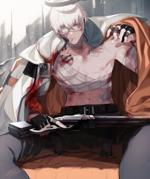 Rule 34 | 1boy, abs, arknights, bandage on face, bandage over one eye, bandaged arm, bandaged head, bandaged leg, bandaged neck, bandages, bandaid, bandaid on face, belt, bishounen, black belt, black gloves, black pants, blood, blood on clothes, blood on face, bloody bandages, blue eyes, closed mouth, coat, coat on shoulders, earpiece, executor (arknights), eyepatch, feet out of frame, fingerless gloves, gloves, gun, hair between eyes, halo, holding, holding gun, holding weapon, id card, injury, jacket, looking at viewer, male focus, mechanical halo, mouth hold, mtk (souko), navel, nipples, one eye covered, pants, pectorals, short hair, shotgun, signature, sitting, solo, spread legs, toned, toned male, weapon, white hair, white jacket