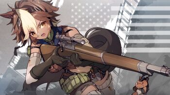 1girl ahoge animal_ear_fluff animal_ears bolt_action brown_eyes brown_hair gloves gun highres holding holding_gun holding_weapon horse_ears horse_girl horse_tail indie_virtual_youtuber m1903_springfield mineta_naoki multicolored_hair open_mouth pouch rifle scope second-party_source tail thighhighs tomoe_umari two-tone_hair virtual_youtuber weapon white_hair white_thighhighs