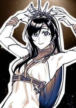 1girl armpits arms_up black_hair blush bracelet breasts closed_mouth commentary crown dress earrings english_commentary final_fantasy final_fantasy_vii final_fantasy_vii_rebirth final_fantasy_vii_remake gradient_background highres jewelry long_hair looking_at_viewer medium_breasts official_alternate_costume open_hands princess_rosa_costume seilidare sleeveless sleeveless_dress smile solo swept_bangs tiara tifa_lockhart tifa_lockhart_(loveless_dress) upper_body