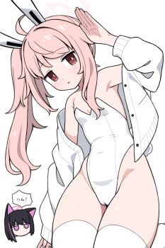 1girl ahoge animal_ears arm_at_side bare_shoulders blue_archive cameltoe cardigan chibi chibi_inset cowboy_shot expressionless fake_animal_ears halo highleg highleg_leotard highres jitome kazusa_(blue_archive) leotard long_hair looking_at_viewer natsu_(blue_archive) open_cardigan open_clothes parted_lips pink_hair pink_halo playboy_bunny rabbit_ears red_eyes side_ponytail simple_background solo strapless strapless_leotard thighhighs unadare waving white_background white_cardigan white_leotard white_thighhighs