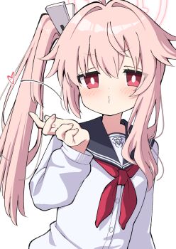 1girl black_sailor_collar blue_archive blush bright_pupils commentary_request halo heart highres long_hair long_sleeves looking_at_viewer natsu_(blue_archive) neckerchief pink_hair pink_halo red_neckerchief sailor_collar school_uniform serafuku side_ponytail simple_background single_sidelock solo tsukimirin white_background white_pupils