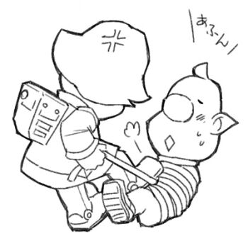 Rule 34 | 1boy, 1girl, anger vein, angry, backpack, bag, big nose, blush, bound, brittany (pikmin), closed eyes, commentary request, from behind, gloves, greyscale, holding, holding rope, lineart, louie (pikmin), lowres, miniskirt, monochrome, naru (wish field), nintendo, no headwear, open mouth, pikmin (series), pikmin 3, pointy ears, rope, short hair, sigh, simple background, skirt, spacesuit, sweat, tied up (nonsexual), translation request, very short hair, white background