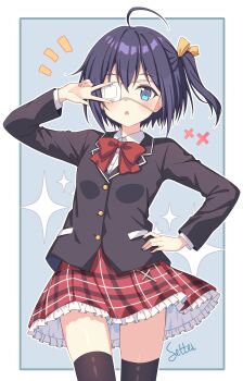 1girl absurdres ahoge black_jacket black_thighhighs blazer blue_background blue_eyes blush border bow bowtie buttons chuunibyou_demo_koi_ga_shitai! commentary cowboy_shot eyepatch frilled_skirt frills hair_ribbon hand_on_own_hip hand_up highres jacket long_sleeves looking_at_viewer notice_lines one_side_up open_mouth outline outside_border plaid_clothes plaid_skirt pleated_skirt purple_hair red_bow red_bowtie red_skirt ribbon setteiset short_hair signature skirt solo sparkle takanashi_rikka thighhighs v white_border white_outline yellow_ribbon zettai_ryouiki